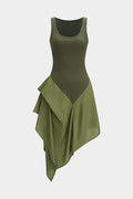 Linen Patchwork Ruched Asymmetrical Sleeveless Maxi Dress
