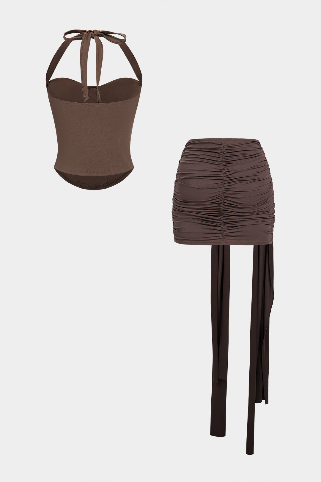 Halter Tie Back Sleeveless Top And Asymmetrical Ruched Skirt Set
