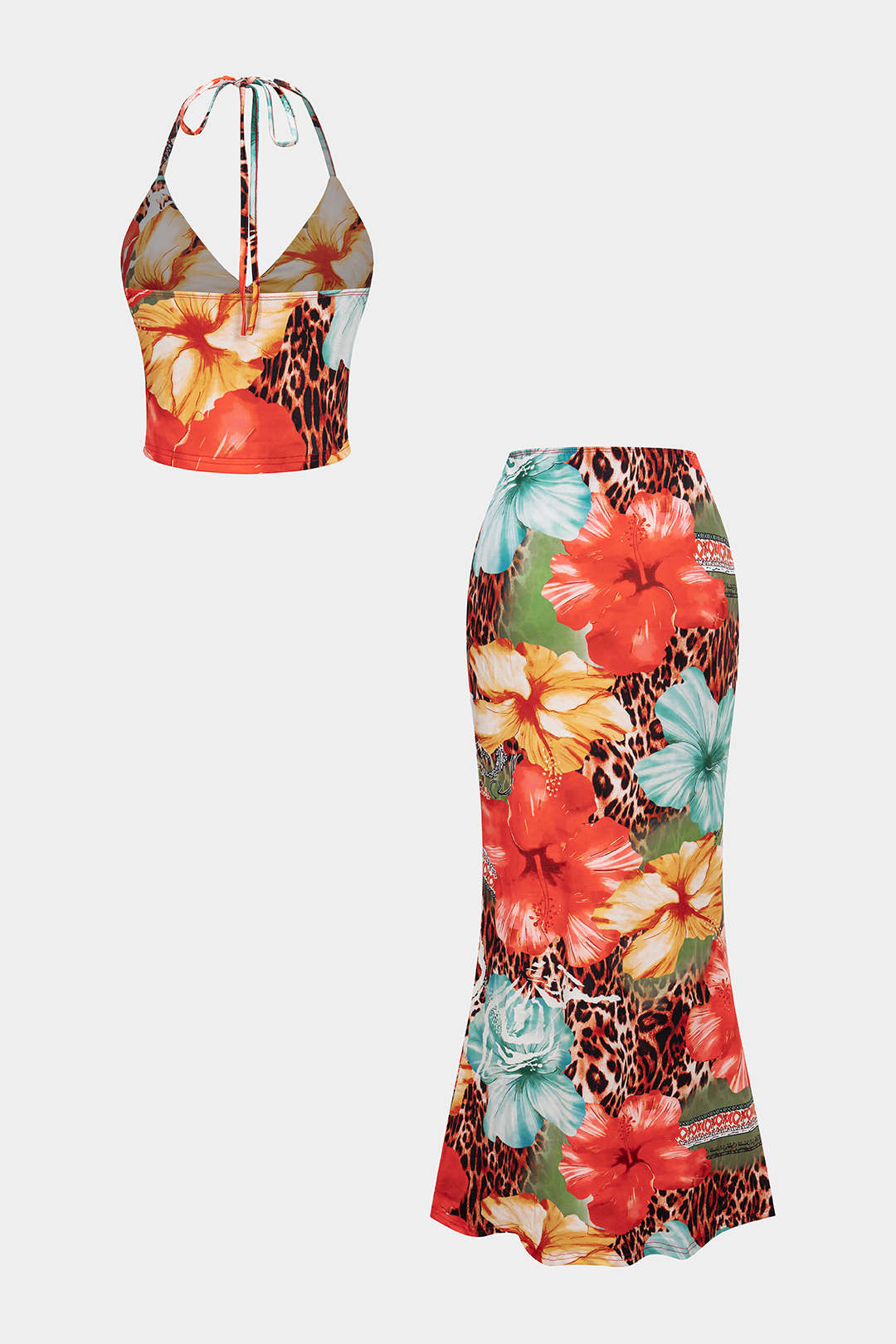 Leopard Floral Print Halter V-Neck Tie Back Top And High Waist Skirt Set