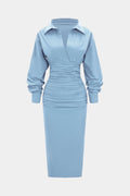 Solid Ruched Long Sleeve Midi Dress