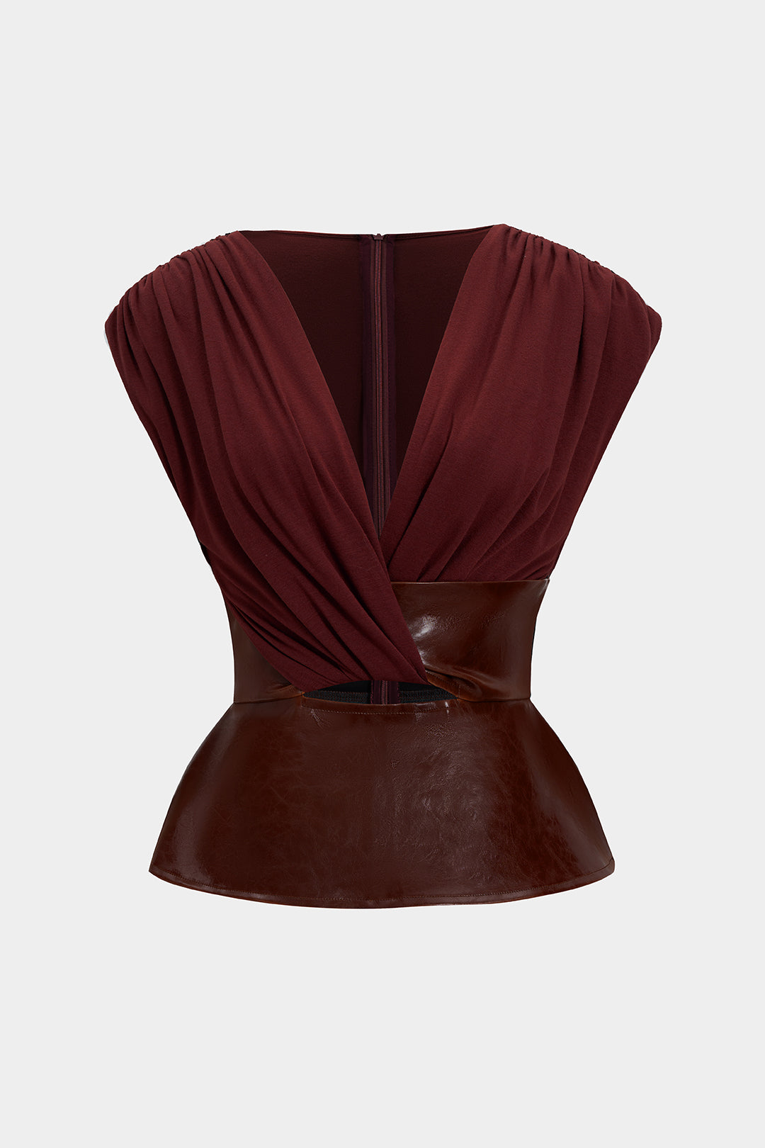 Faux Leather Patchwork Ruched Zipper Short-Sleeve Top