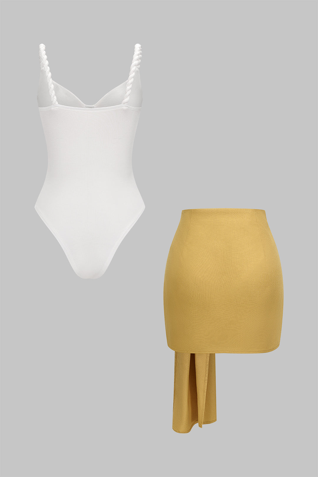 Linen Patchwork Twist Knot Ruched Sleeveless Bodysuit And Asymmetrical Tie-Up Skirt Set