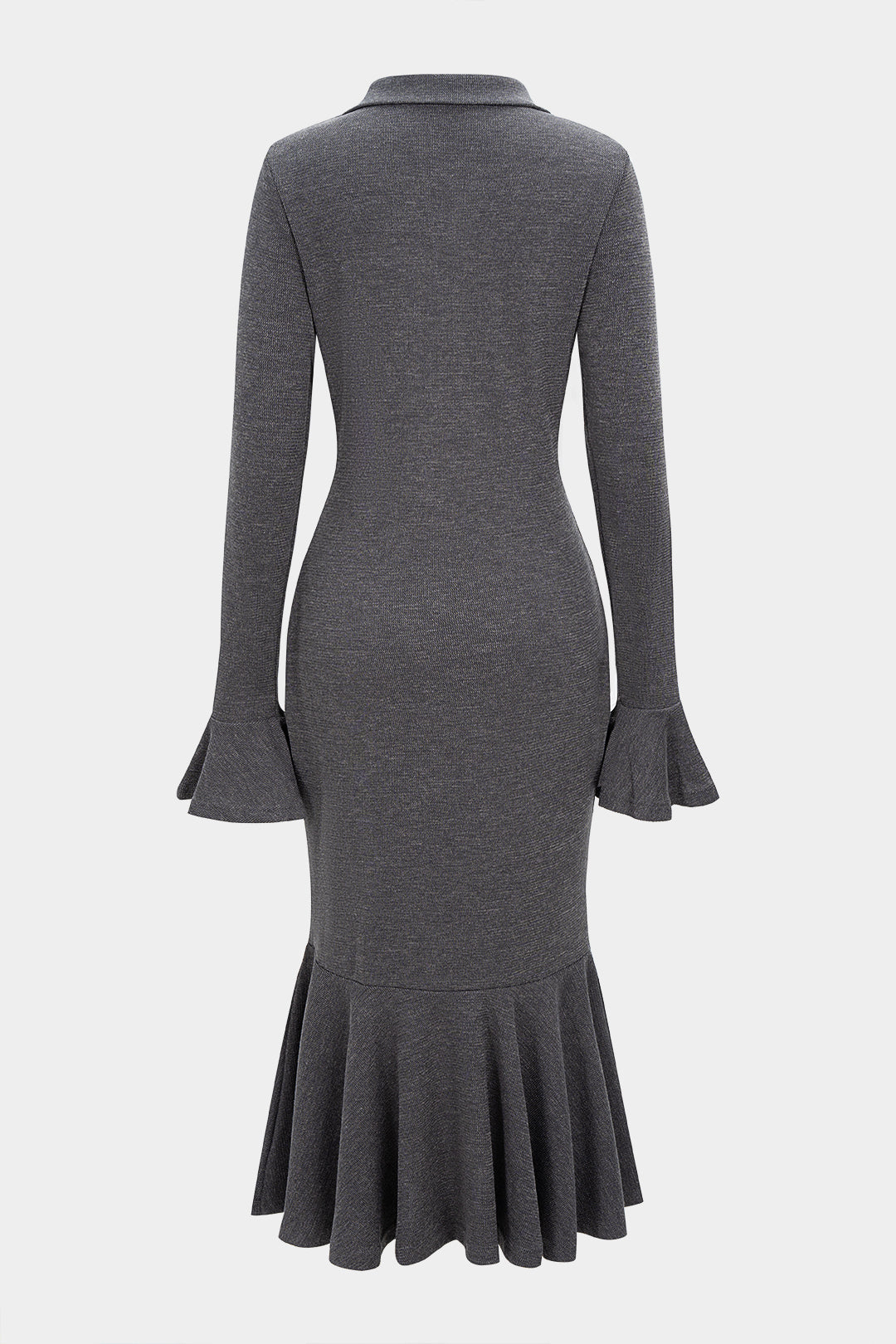 Lapel Ruffle Hem Zipper Bell Sleeve Midi Dress