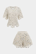 Embroidery Sequin Round Neck Short Sleeve Top And Wide Leg Shorts Set