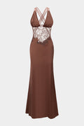 Stain Patchwork Sheer Lace V-Neck Crosssed Backless Maxi Dress