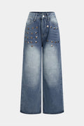 Denim Rivets Decor Pocket Wide Leg Jeans