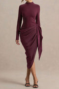 Satin Patchwork Ruched Asymmetrical Long Sleeve Midi Dress