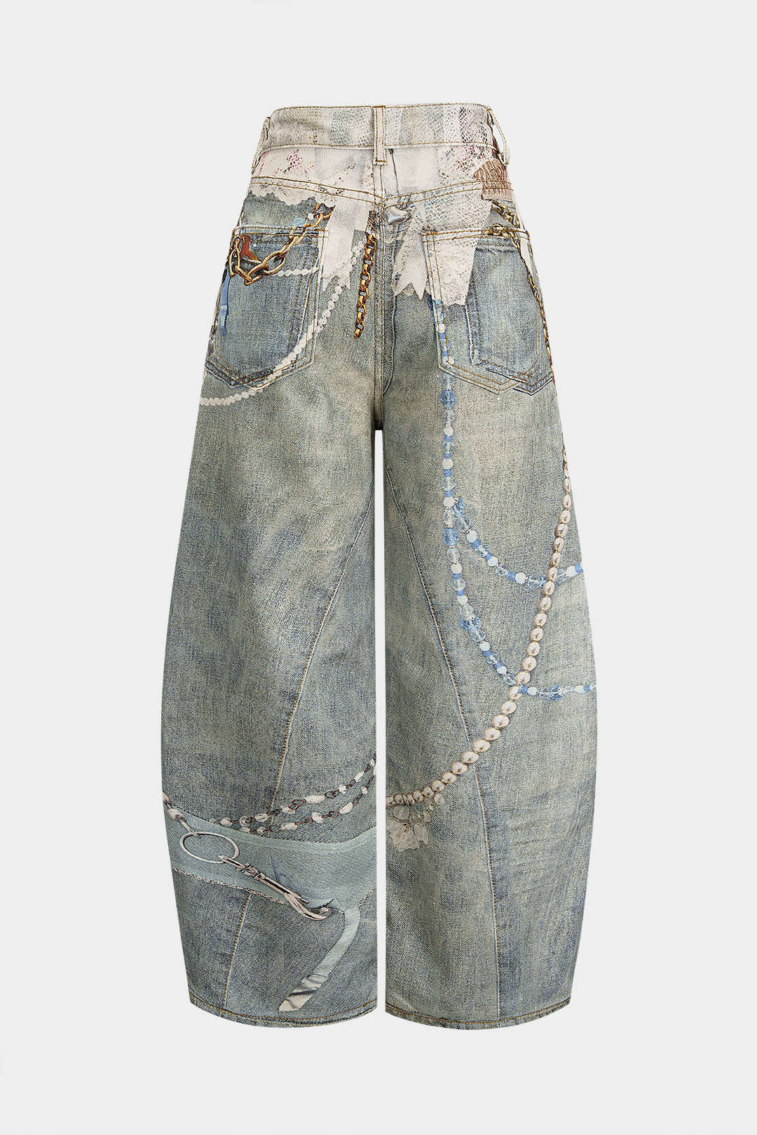Denim Abstract Print Wide Leg Pants