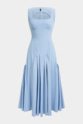 Solid Square Neck Ruched Zipper Sleeveless Midi Dress