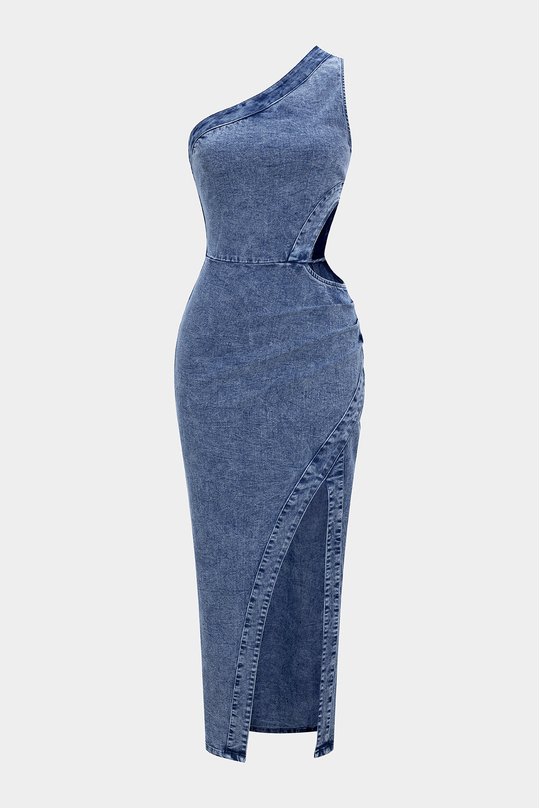Denim One Shoulder Cut Out Asymmetrical Slit Zipper Dress