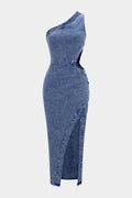 Denim One Shoulder Cut Out Asymmetrical Slit Zipper Dress