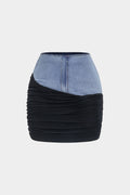 Denim Patchwork Ruched Skirt