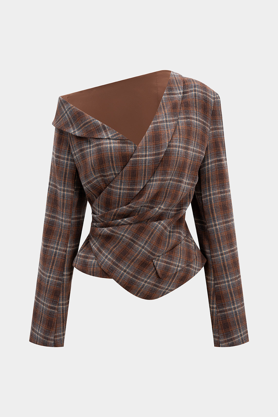 Plaid Print Asymmetrical One Shoulder Ruched Long-Sleeve Top