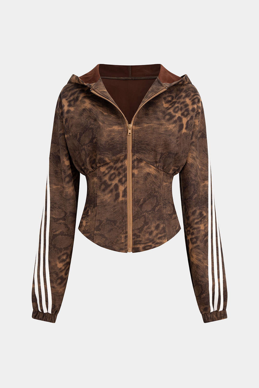 Leopard Stripes Print Zipper Waist-Cinching Long-Sleeve Hoodie