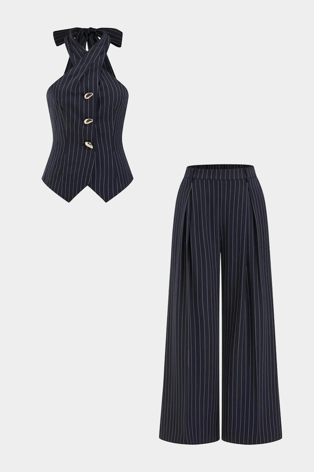 Striped Crossed Tie Back Metallic Button Tank Top And Wide Leg Pants