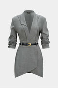 Asymmetrical Notched Lapel Belted Long Sleeve Mini Dress