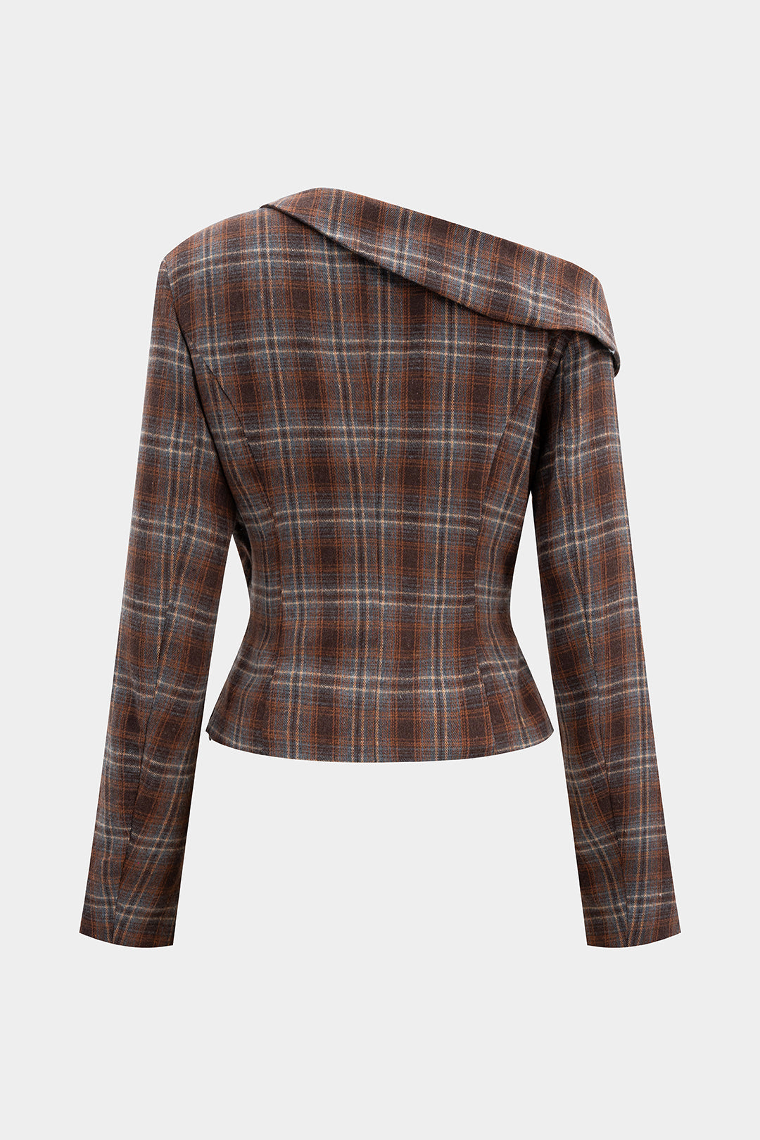 Plaid Print Asymmetrical One Shoulder Ruched Long-Sleeve Top