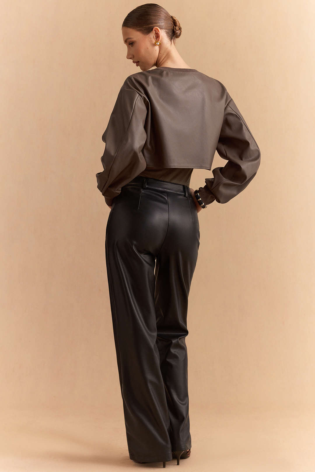 Faux Leather Patchwork Round Neck Asymmetrical Long Sleeve Bodysuit