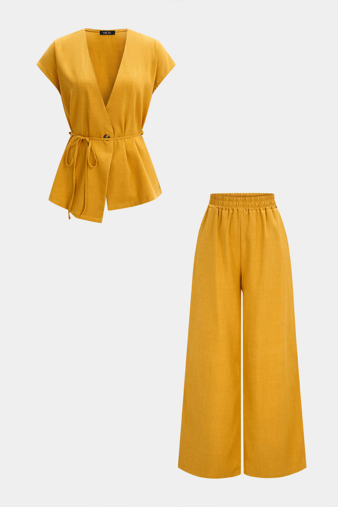 V-Neck Tie-Up Top And Shirred Waistband Wide Leg Pants Set