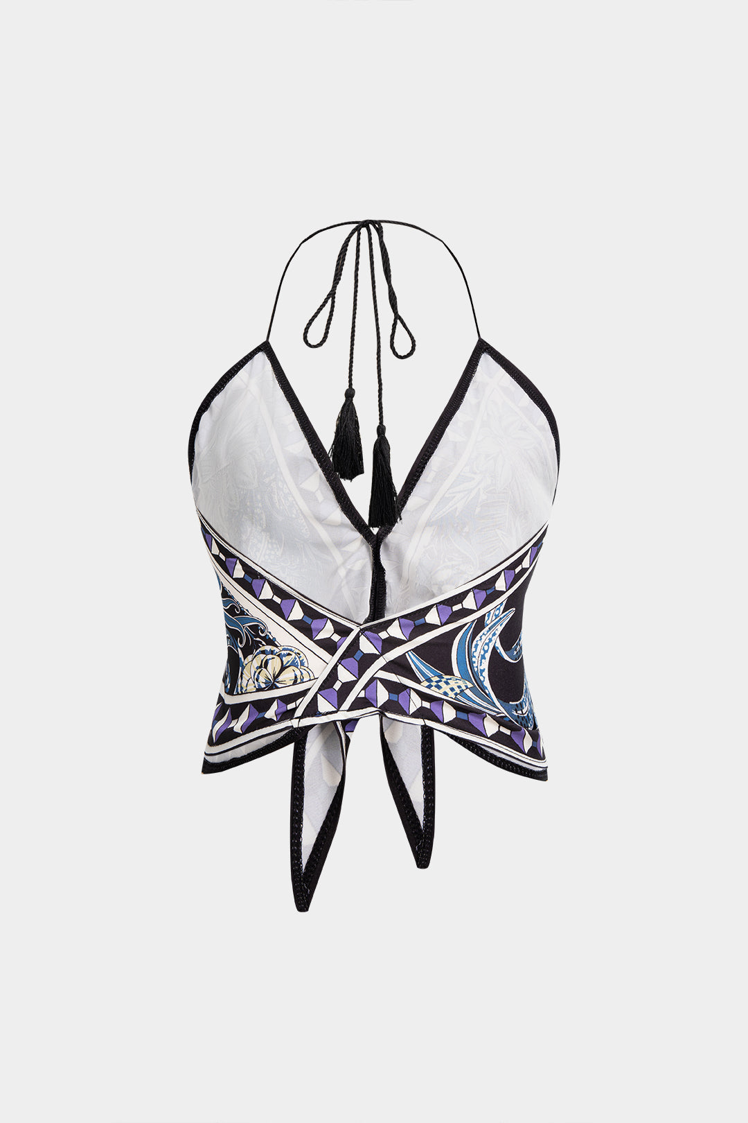 Geometric Leaves Print Halter V-Neck Tie-Up Cami Top