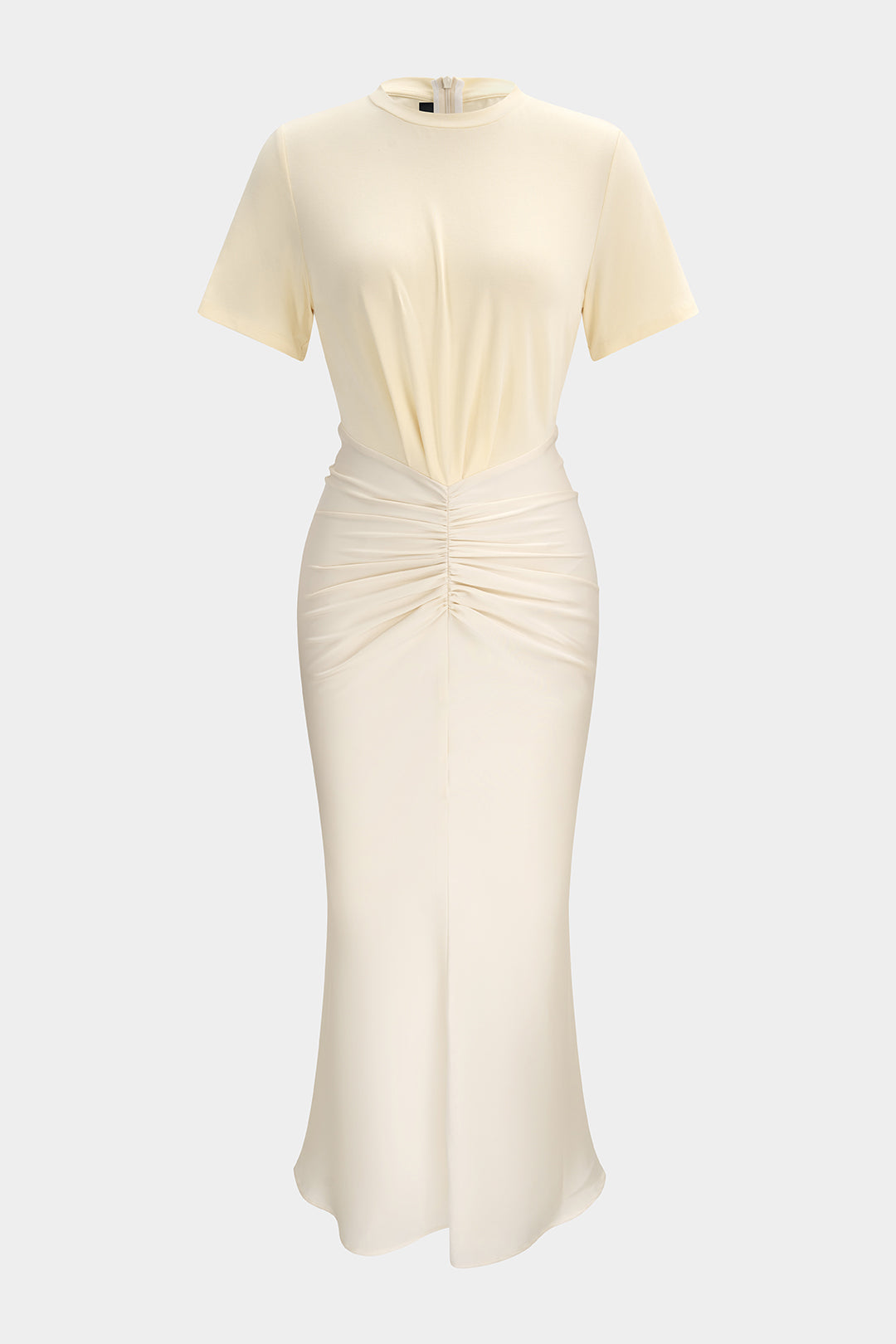 Patchwork Satin Round Neck Ruched Short Sleeve Maxi Dress