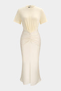 Patchwork Satin Round Neck Ruched Short Sleeve Maxi Dress