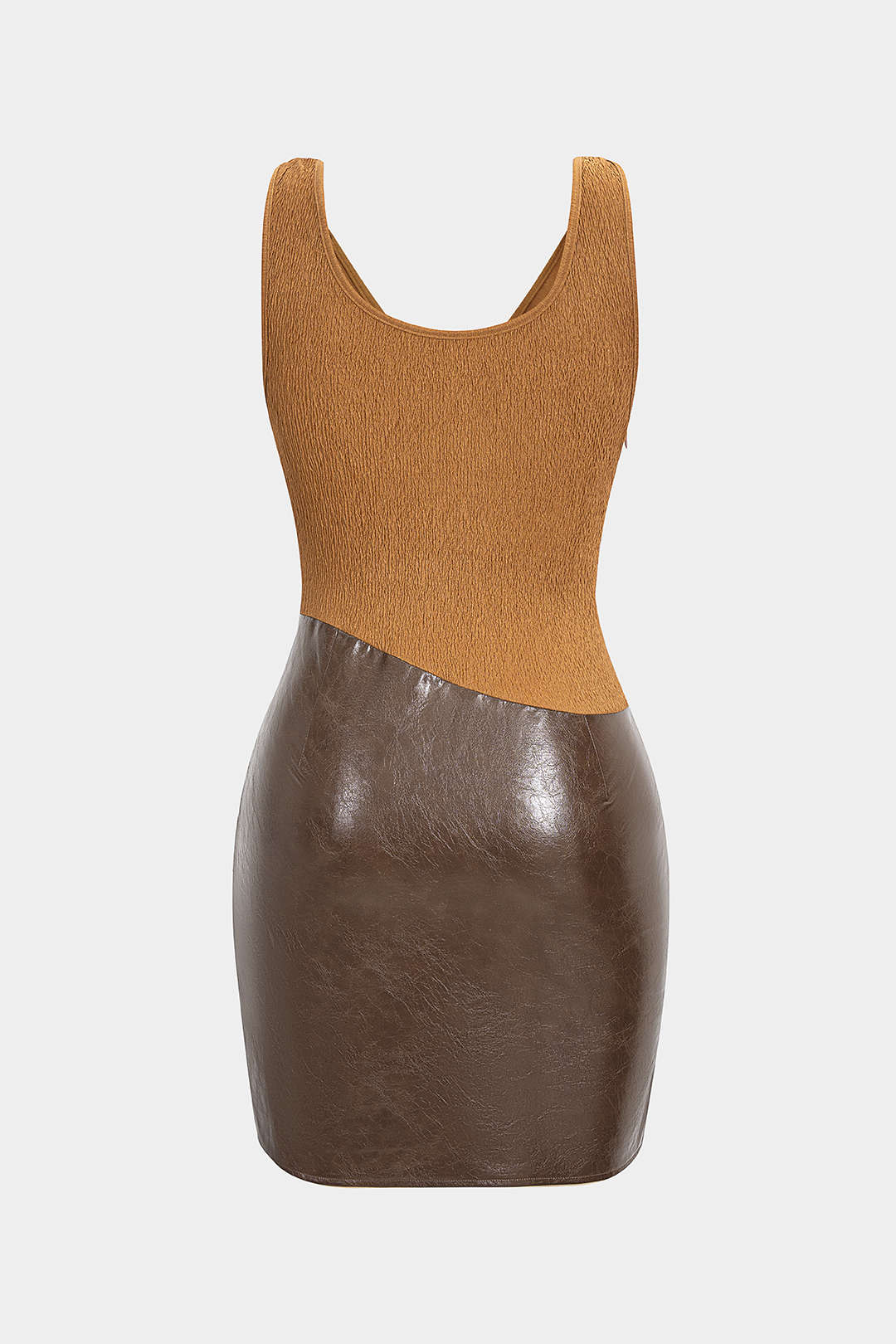 Faux Leather Jacquard Metallic Patchwork Ruched Sleeveless Midi Dress