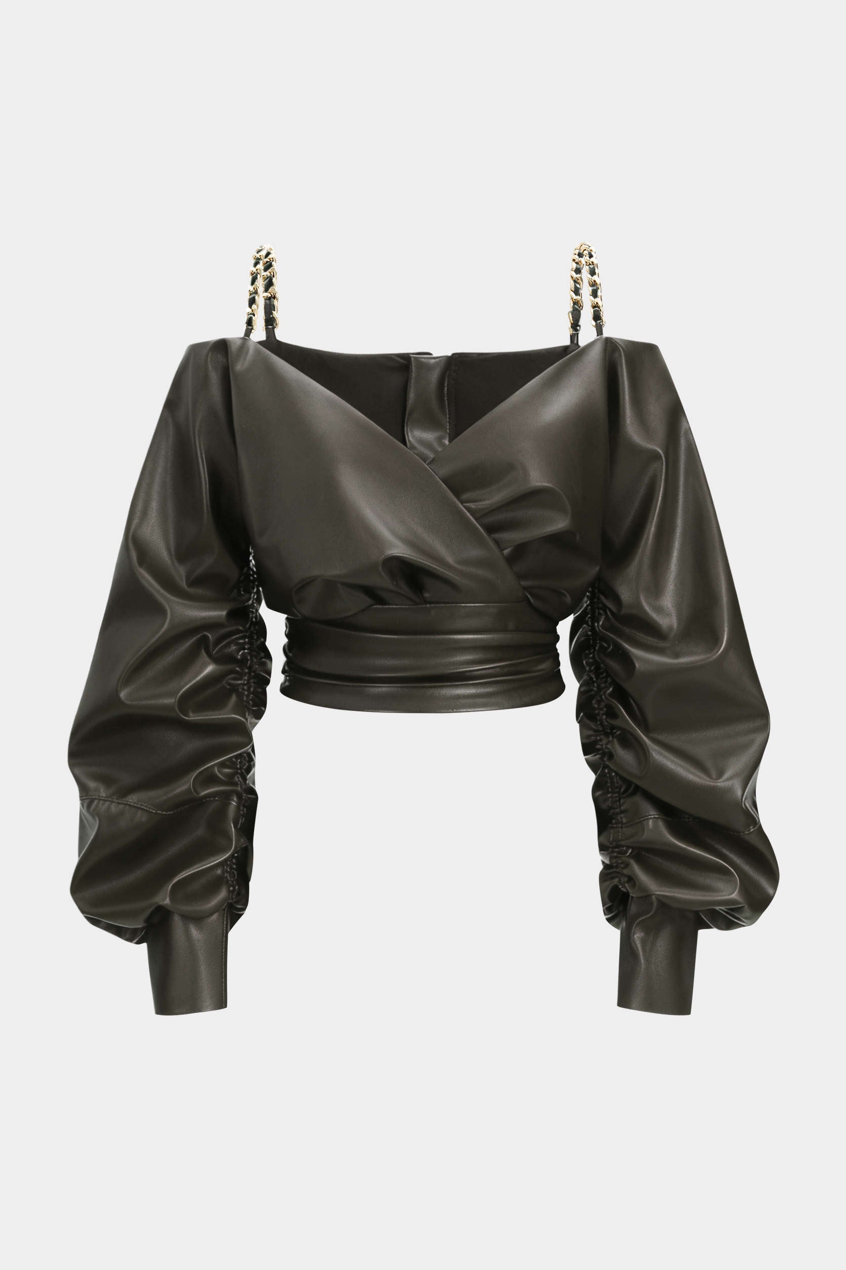 Faux Leather Metallic Crossed Long-Sleeve Shirt