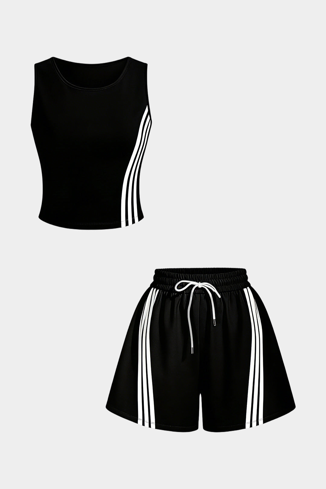 Contrast Striped Round Neck Sleeveless Tank Top And Drawstring Wide Leg Shorts Set