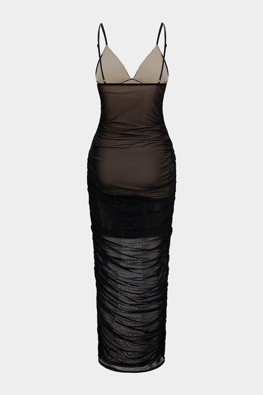 Mesh V-Neck Backless Ruched Slip Sleeveless Midi Dress