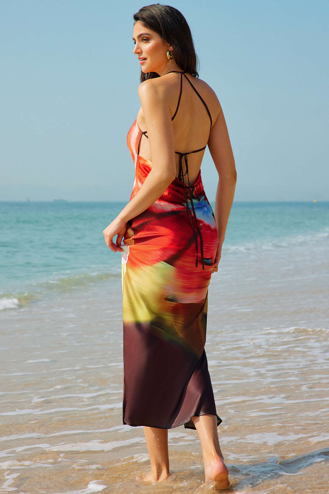 Tie Dye Print Satin Draped Cowl Neck Sleeveless Maxi Dress