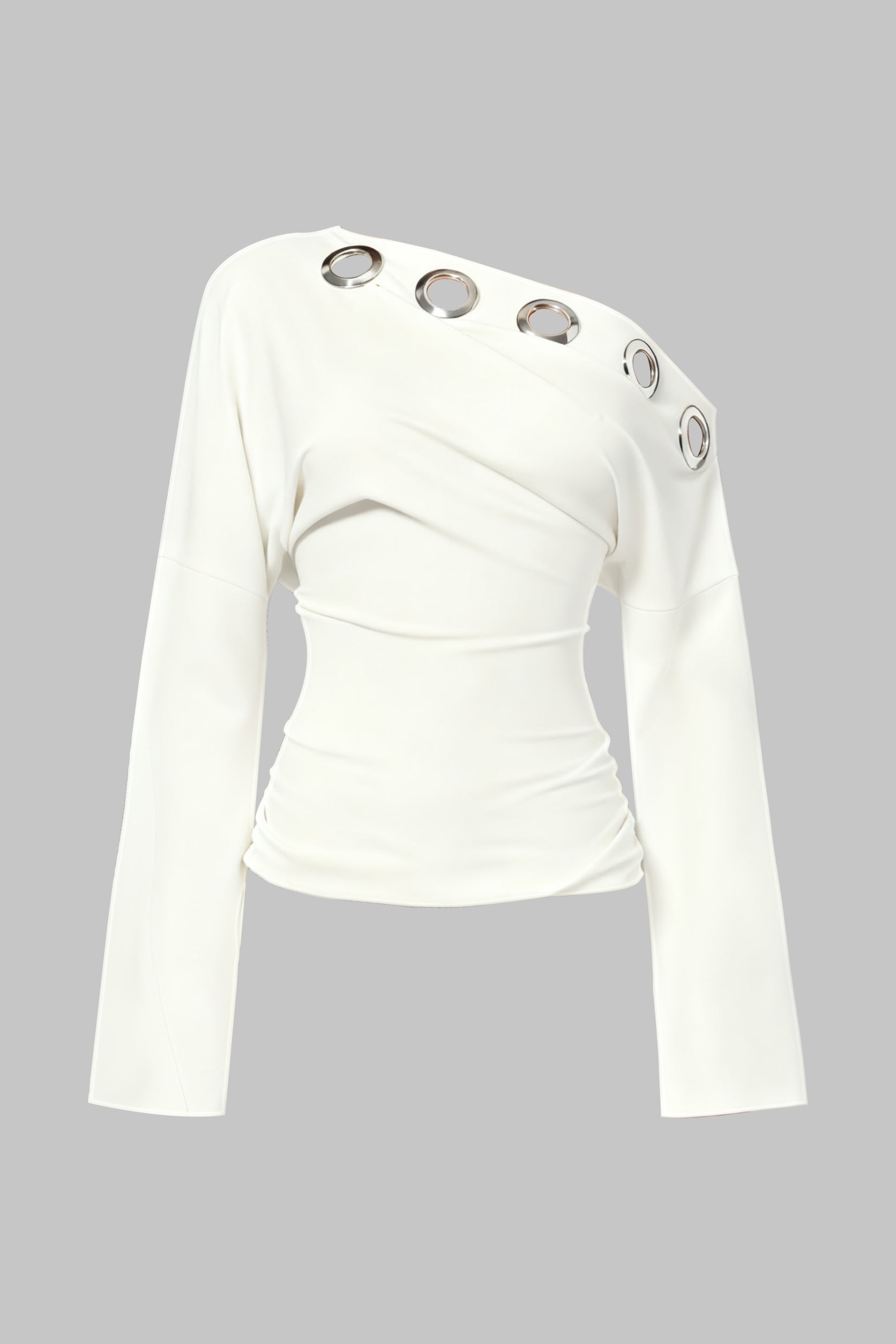 Metallic Eyelet Asymmetrical Long-Sleeve Top