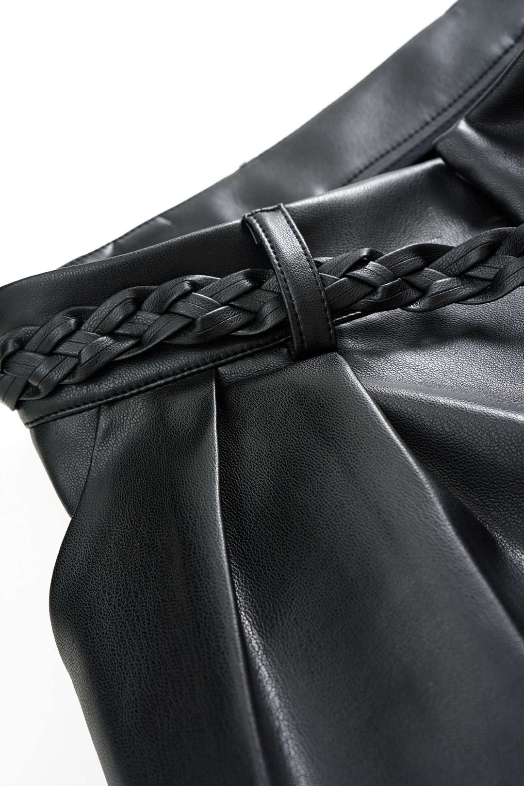 Faux Leather Braided Belted High Waist Barrel Trousers