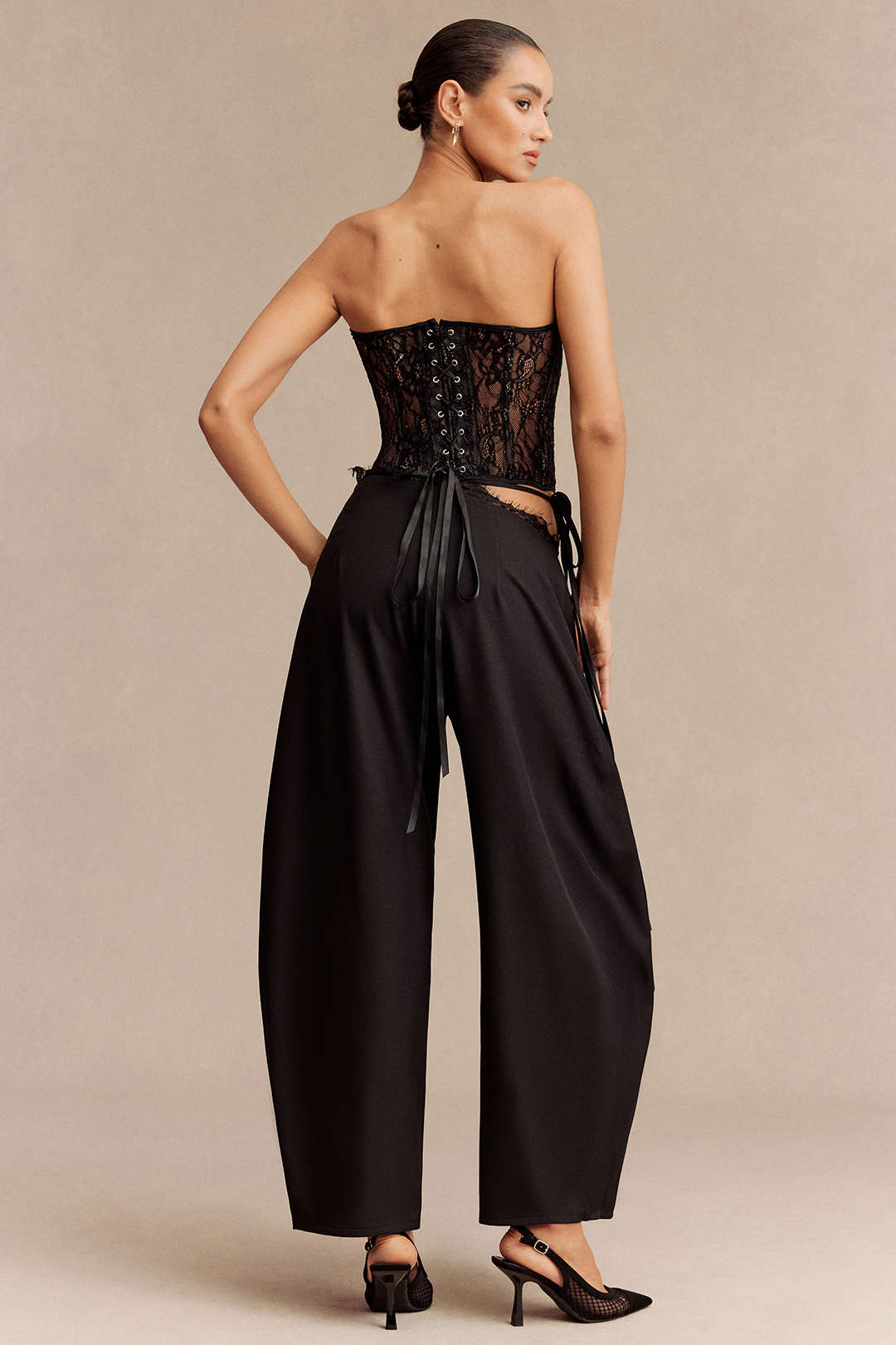 Lace Trim Tie Asymmetrical Wide Leg Pants