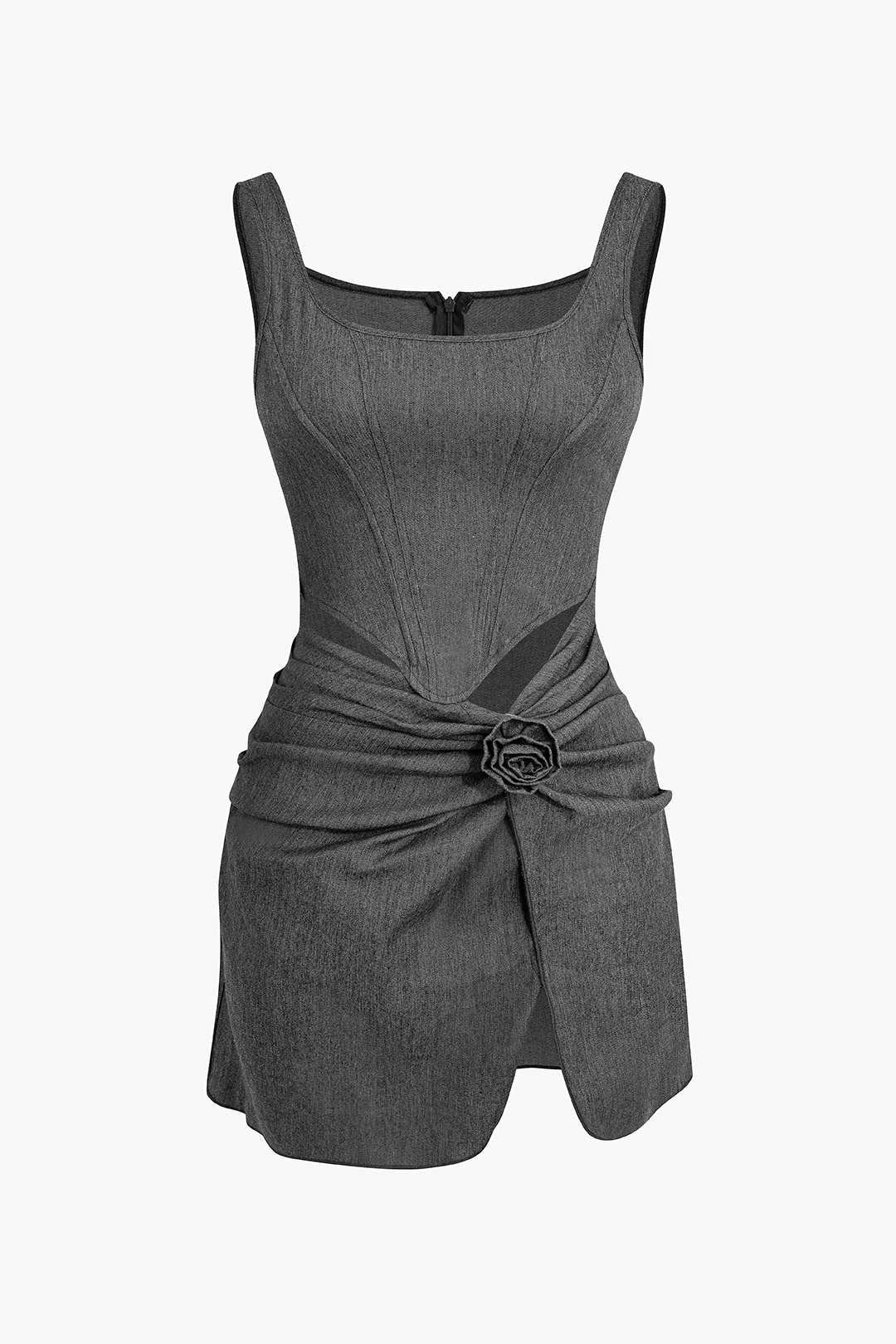 3D Flower Ruched Tank Denim Dress