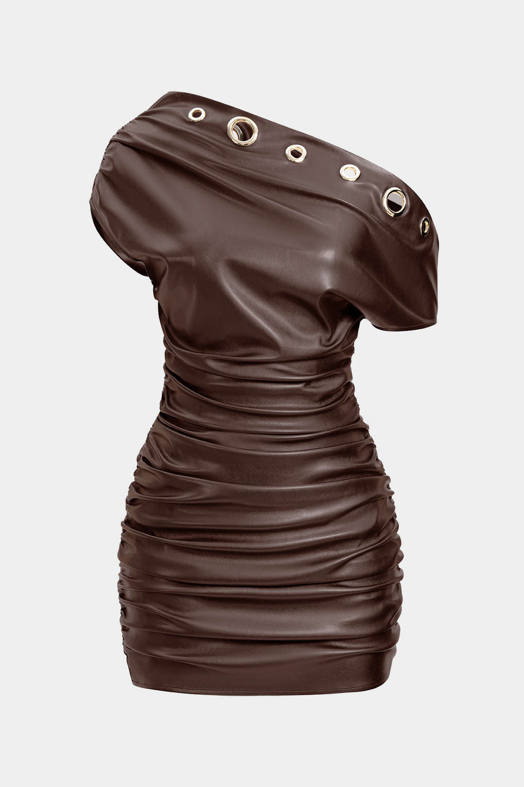 Faux Leather Metallic Eyelet Ruched One Shoulder Mini Dress