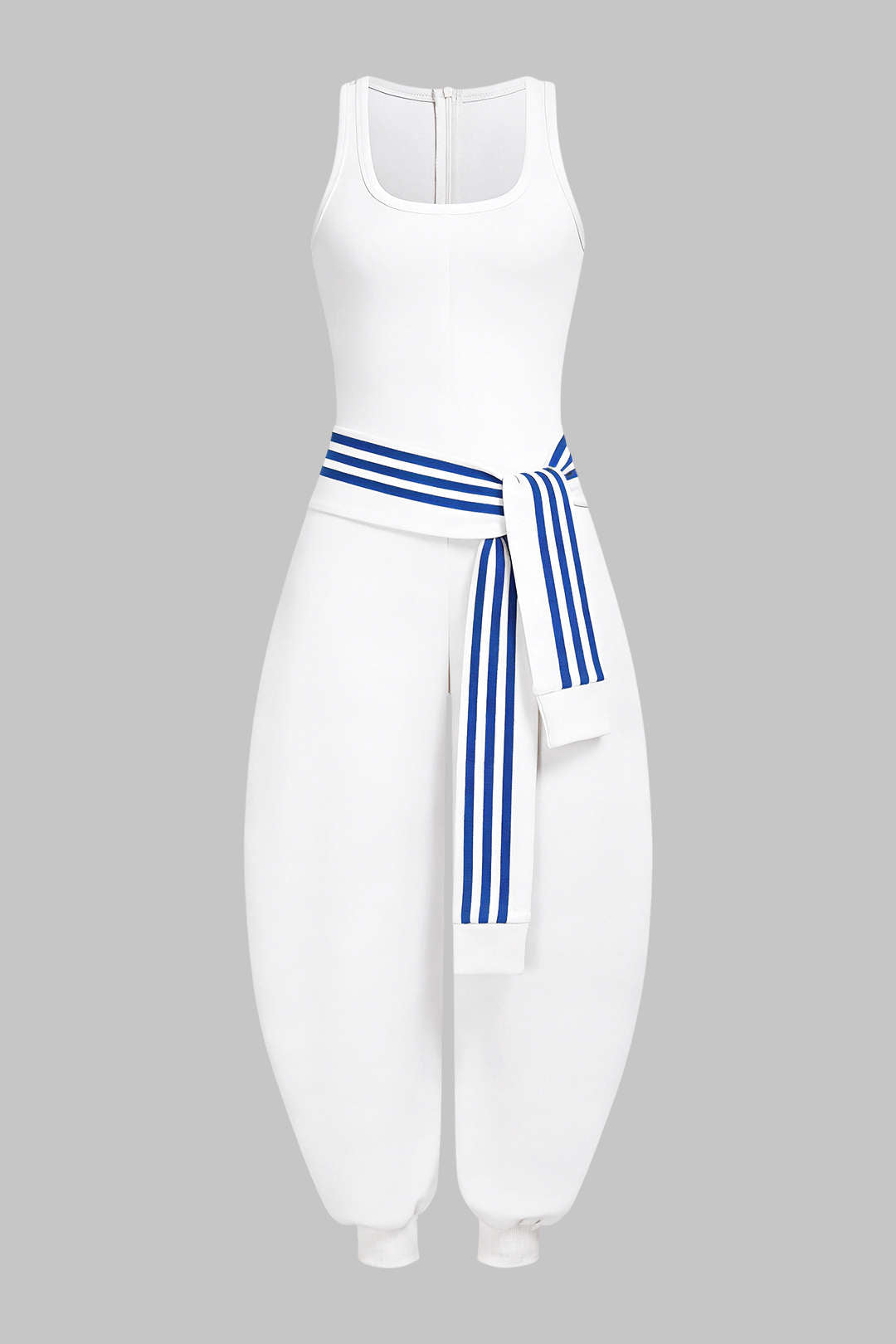 U-Neck Contrast Striped Tie-Up Zipper Barrel Jumpsuit