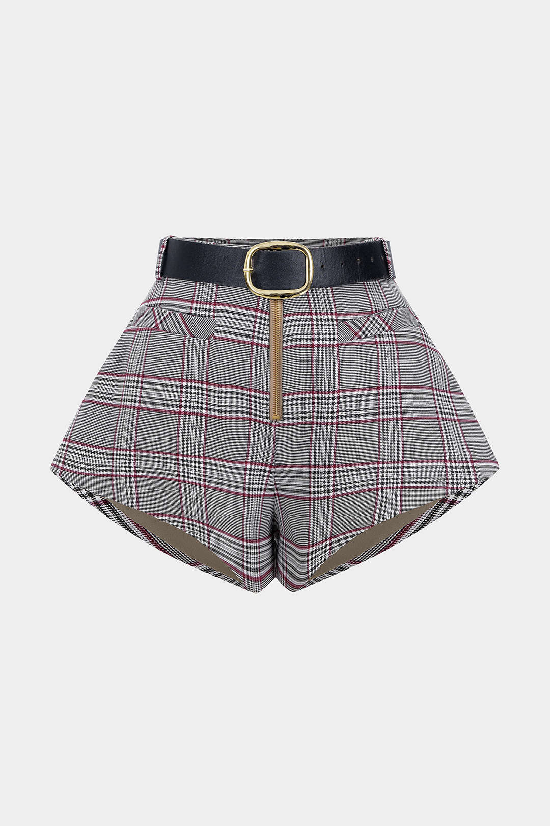 Plaid Print Belted Zipper Shorts