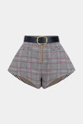 Plaid Print Belted Zipper Shorts