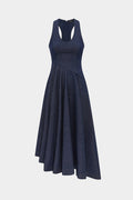 Denim Round Neck Asymmetrical Ruched Hem Sleeveless Dress