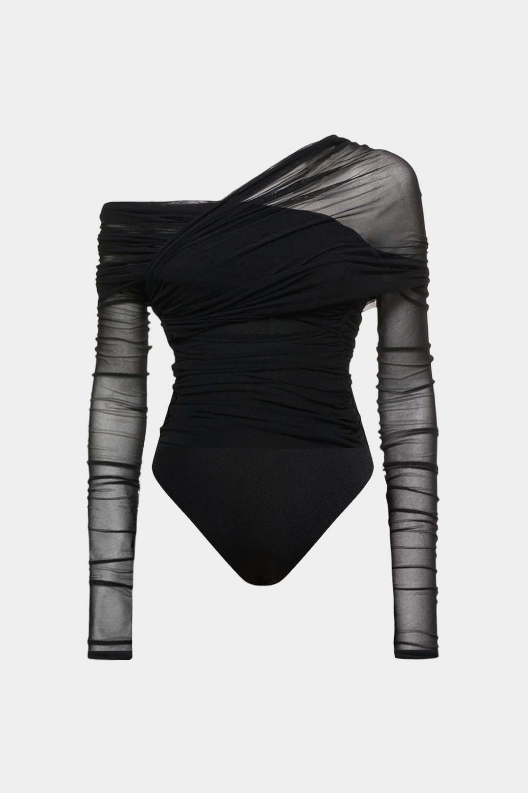Mesh Ruched One Shoulder Asymmetrical Corssed Ruched Bodysuit