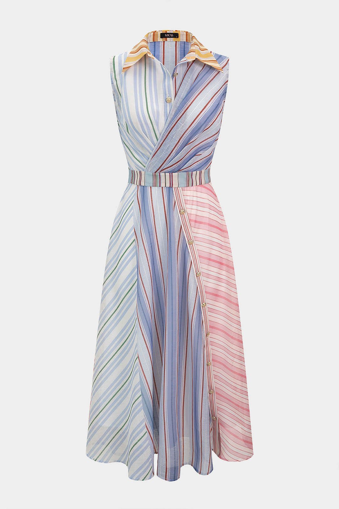 Stripes Print Lapel Sleeveless Maxi Dress