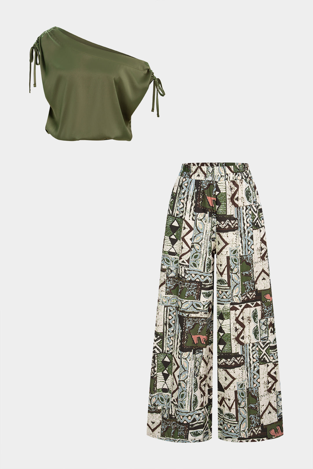 Satin One Shoulder Tie-Up Sleeveless Top And Geometric Print Wide-Leg Pants Set