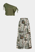 Satin One Shoulder Tie-Up Sleeveless Top And Geometric Print Wide-Leg Pants Set
