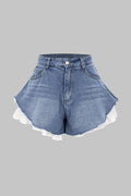 Denim Patchwork Frayed Wide Leg Shorts