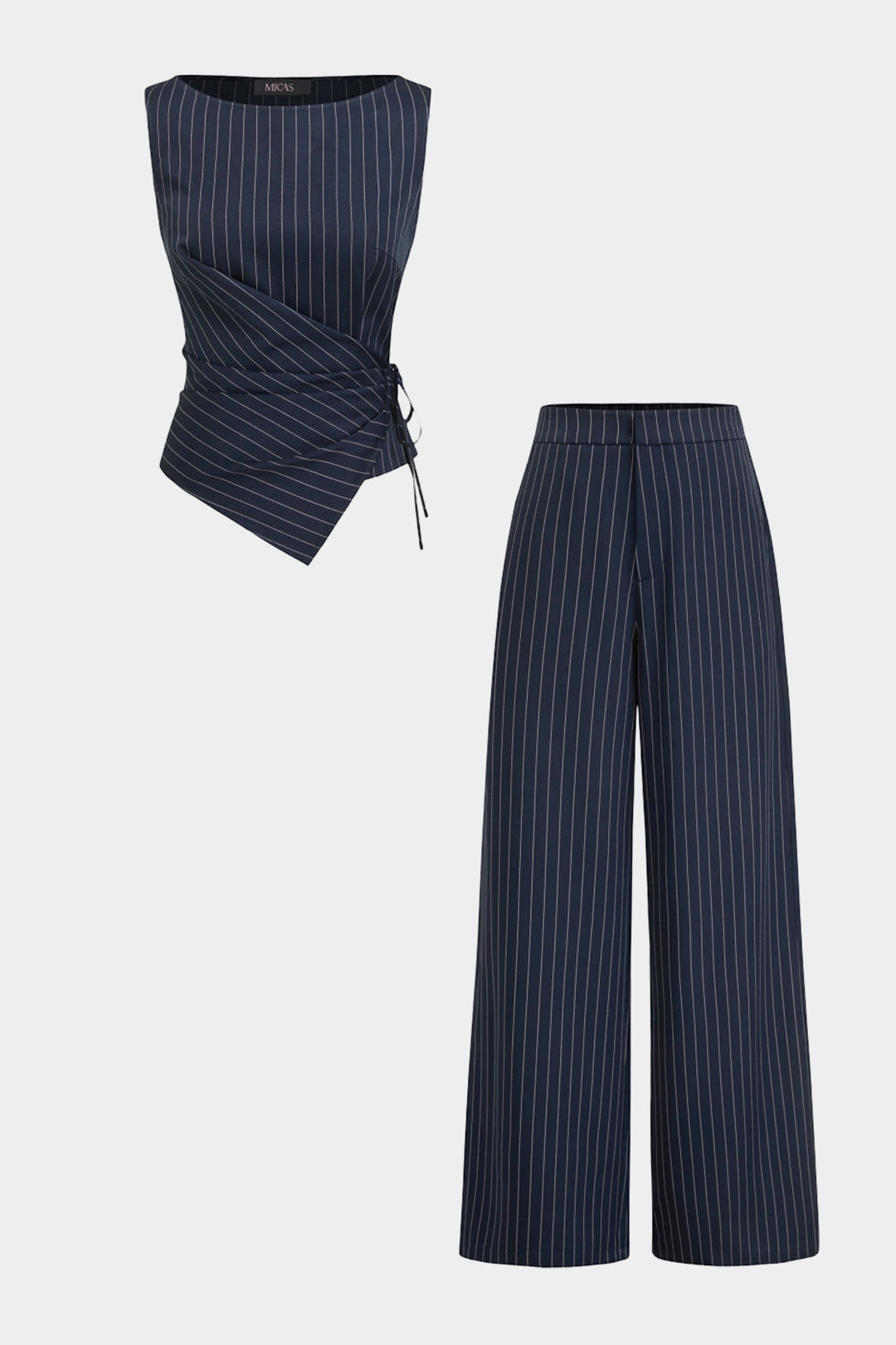 Stripes Asymmetrical Wrap Tie-Up Tank Top And Wide Leg Pants Set