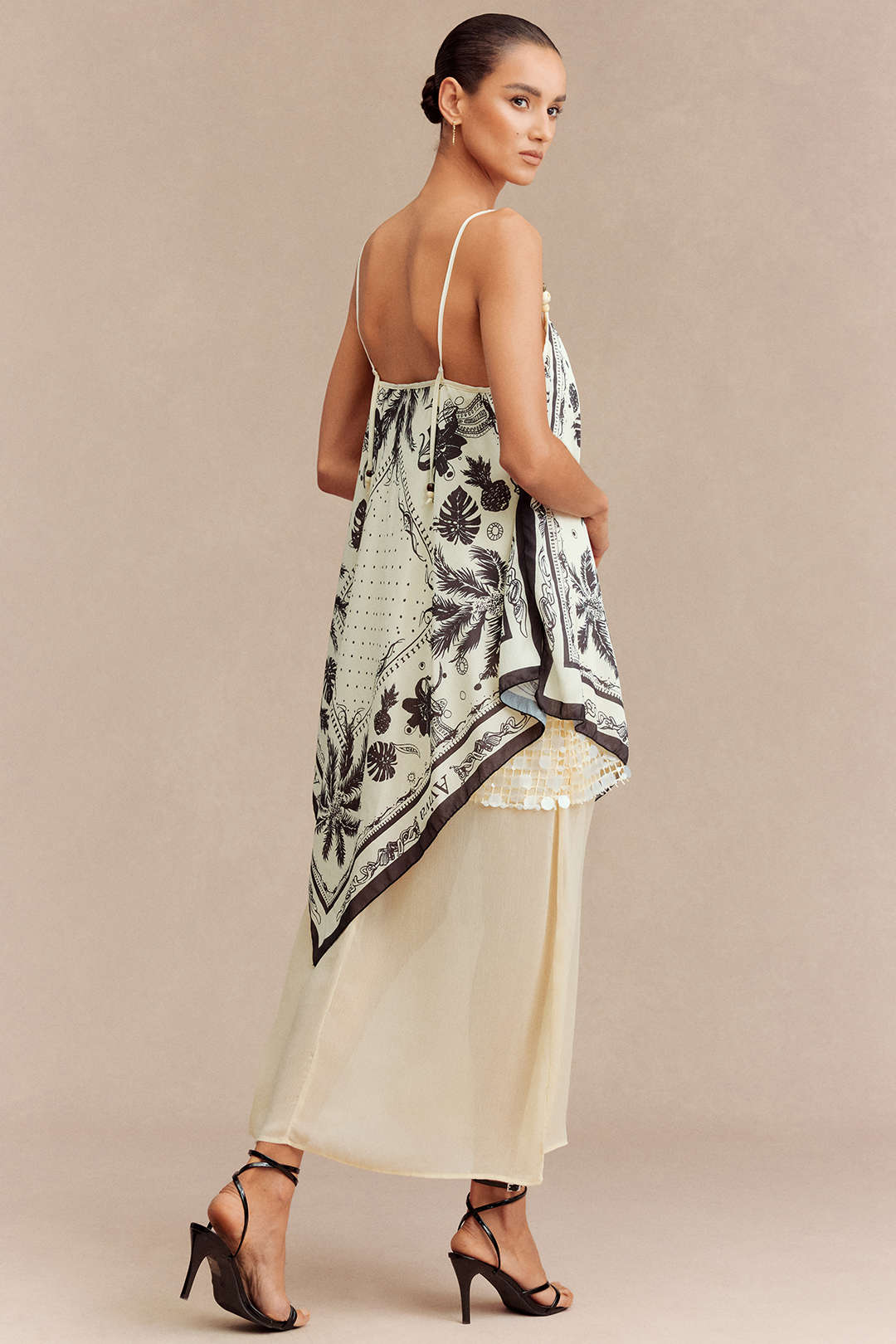 Leaf Print Patchwork Sequin Beaded Sleeveless Midi Dress