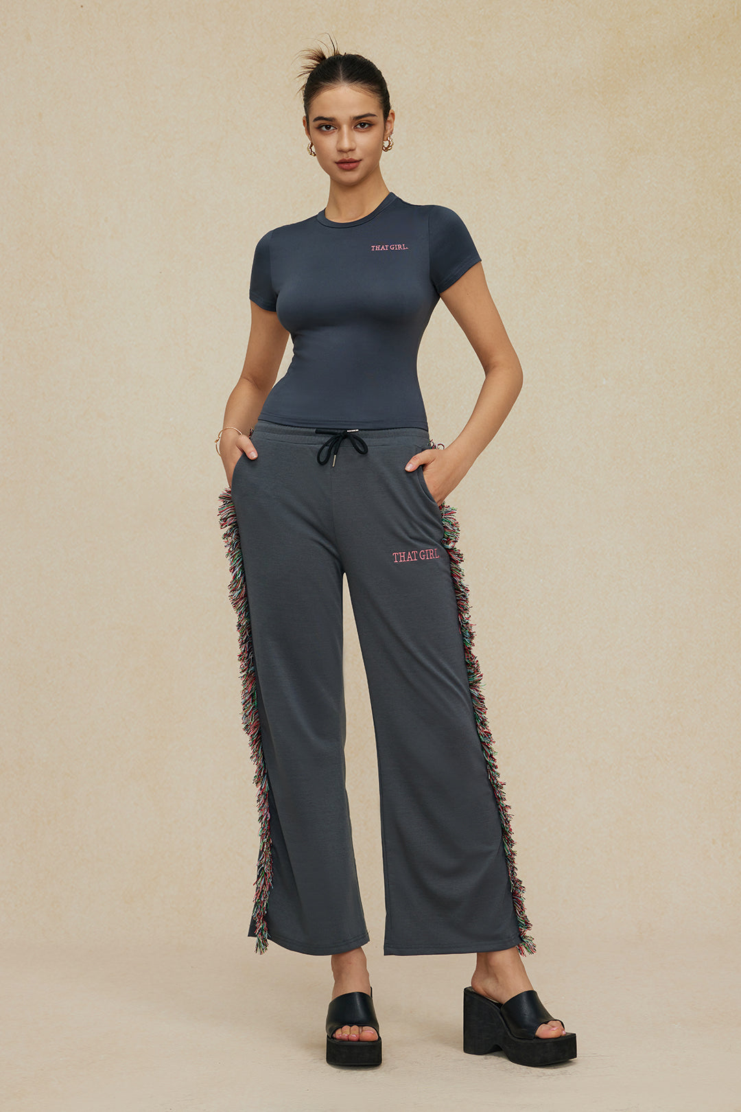 Letter Print T-shirt And Tassel Drawstring Pants Set