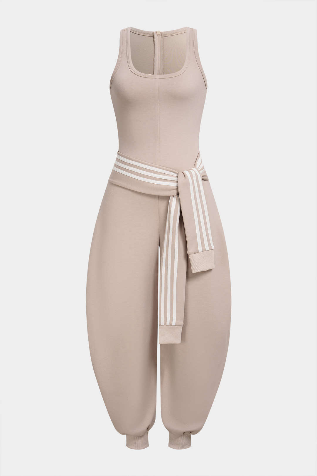 U-Neck Contrast Striped Tie-Up Zipper Barrel Jumpsuit