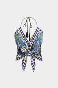 Geometric Leaves Print Halter V-Neck Tie-Up Cami Top